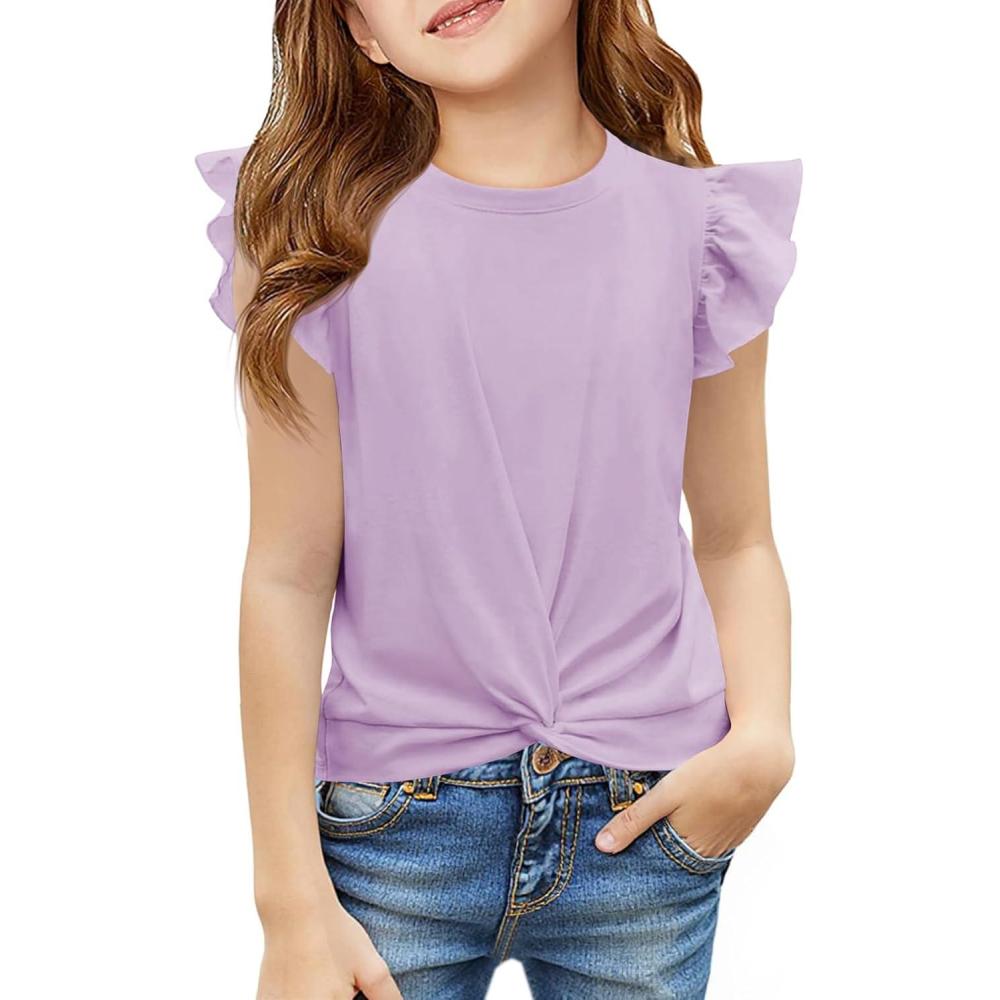 image:imageHaloumoning Girls T Shirts Ruffle Sleeve Twist Front Tshirts Summer Casual Crewneck Tees Tops 514 YearsLight Purple