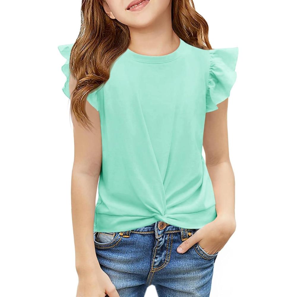 image:imageHaloumoning Girls T Shirts Ruffle Sleeve Twist Front Tshirts Summer Casual Crewneck Tees Tops 514 YearsMint Green