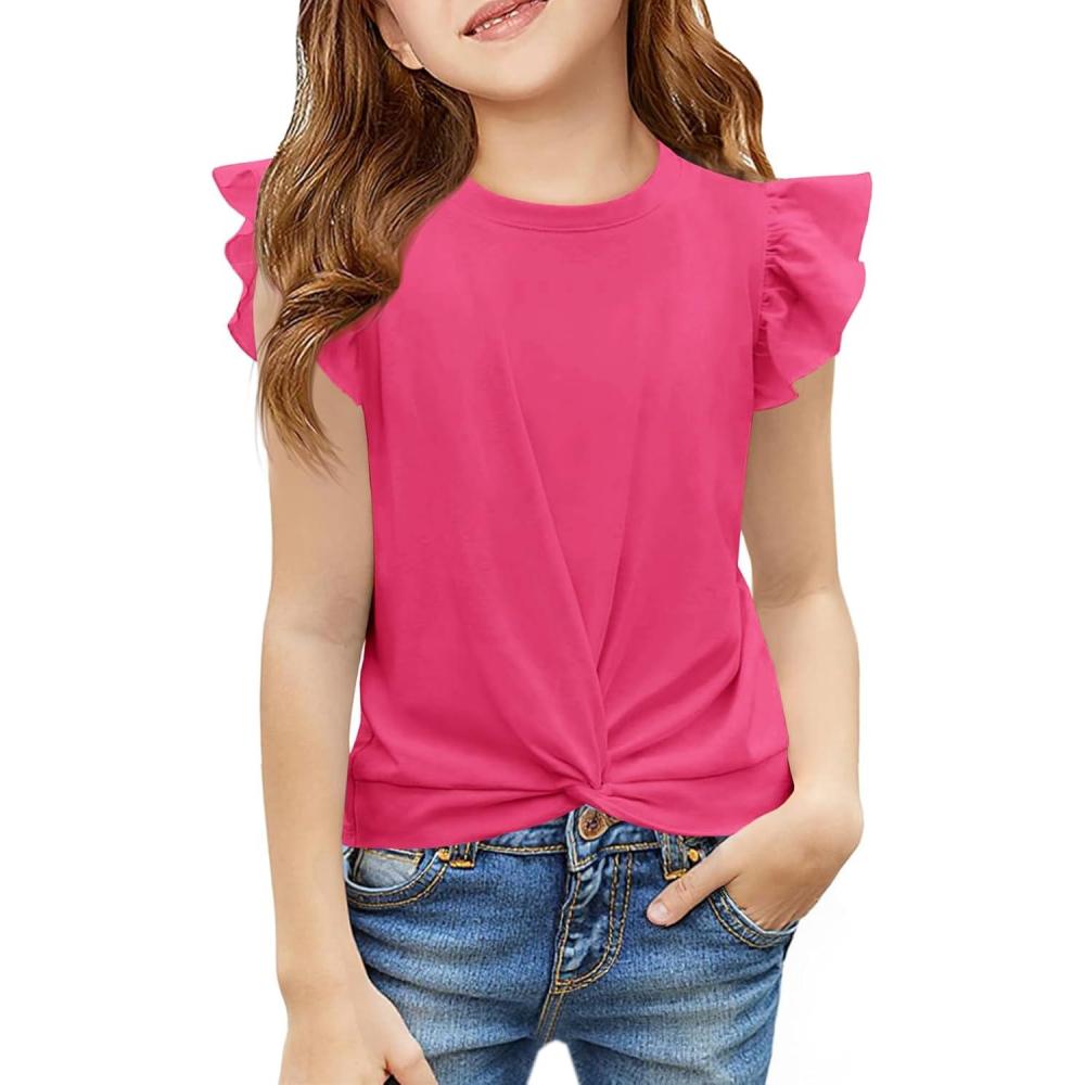 image:imageHaloumoning Girls T Shirts Ruffle Sleeve Twist Front Tshirts Summer Casual Crewneck Tees Tops 514 YearsRose Red