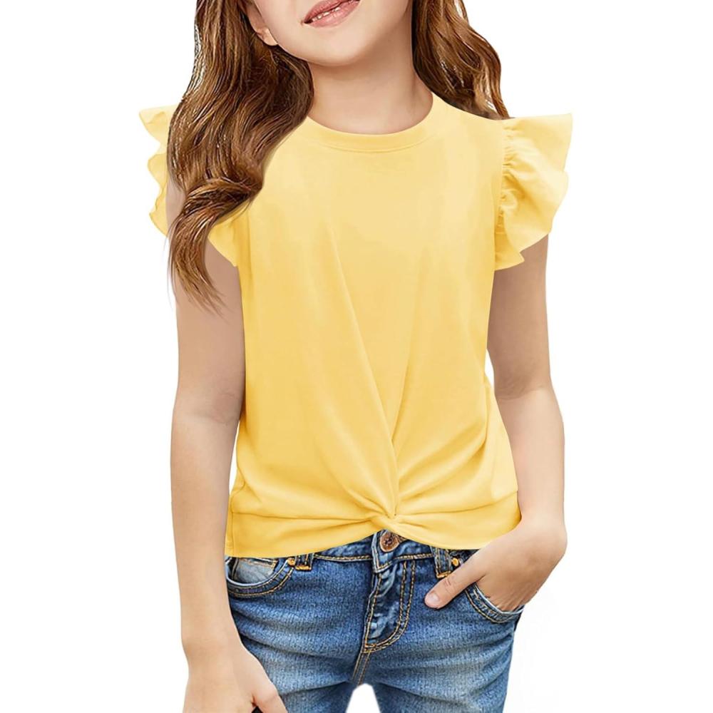 image:imageHaloumoning Girls T Shirts Ruffle Sleeve Twist Front Tshirts Summer Casual Crewneck Tees Tops 514 YearsYellow
