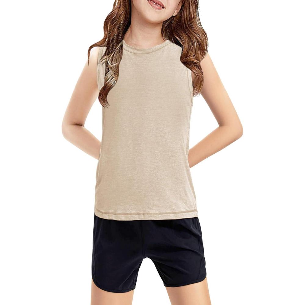 image:imageHaloumoning Girls Tank Tops Kids Sleeveless Athletic Lightweight Cute Summer Top Dancewear 514 YearsBeige