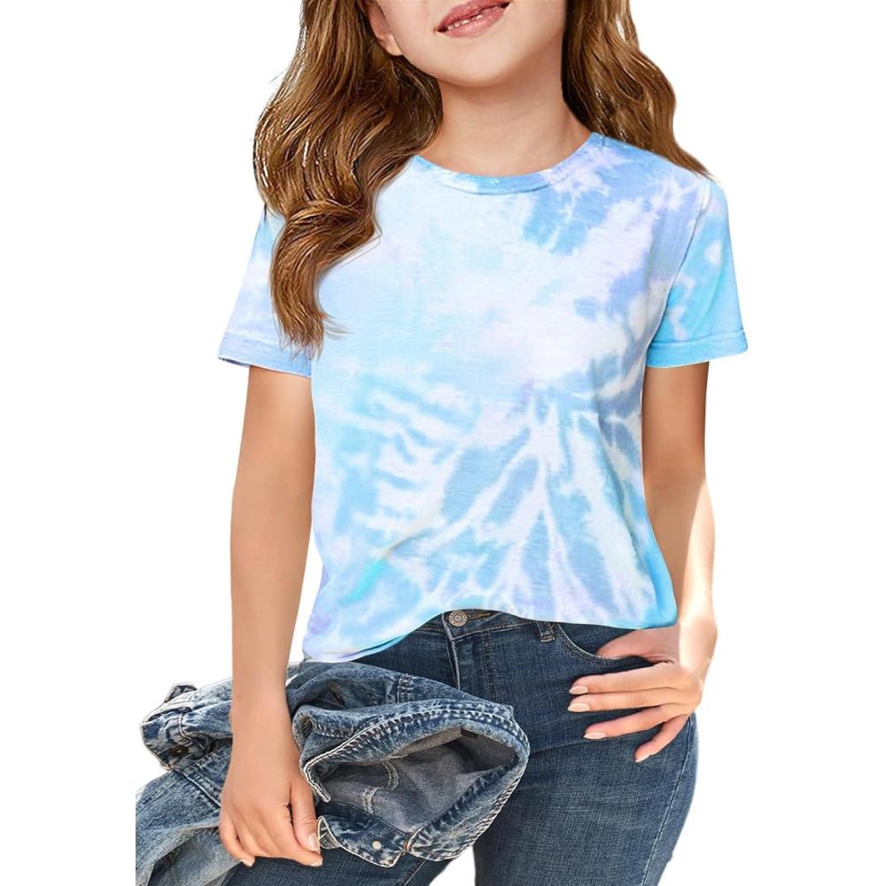 image:imageHaloumoning Girls Tie Dye Short Sleeve Shirt Kids Summer Fashion Crewneck Tops Casual Tees 514 YearsBlue