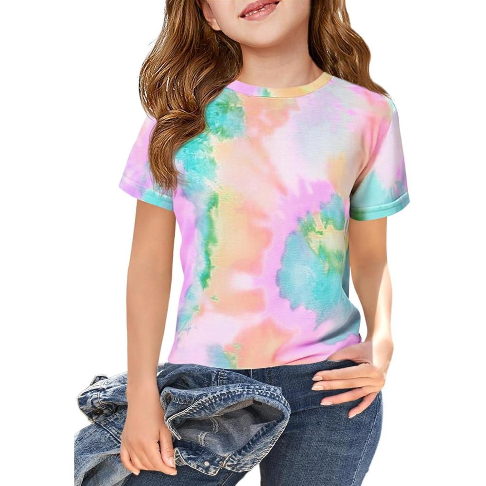 image:imageHaloumoning Girls Tie Dye Short Sleeve Shirt Kids Summer Fashion Crewneck Tops Casual Tees 514 YearsOrange