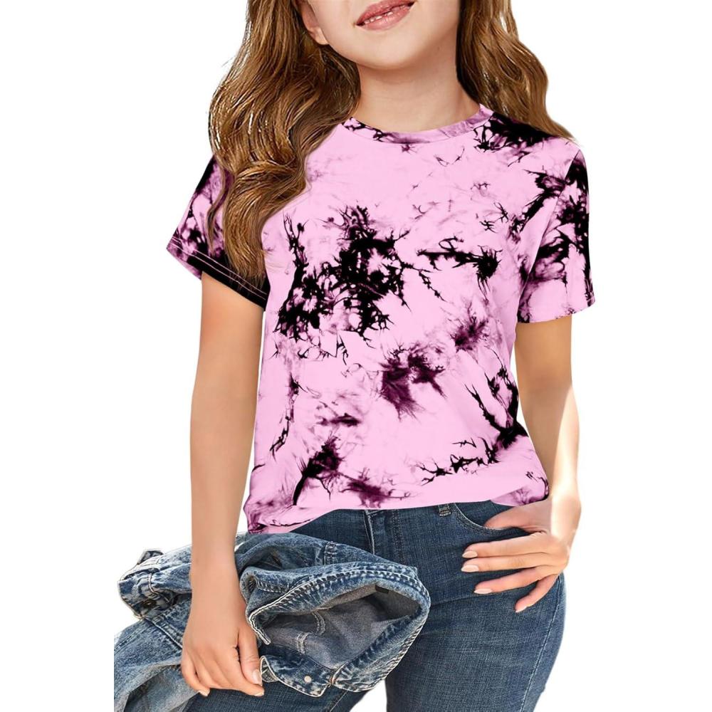 image:imageHaloumoning Girls Tie Dye Short Sleeve Shirt Kids Summer Fashion Crewneck Tops Casual Tees 514 YearsPink