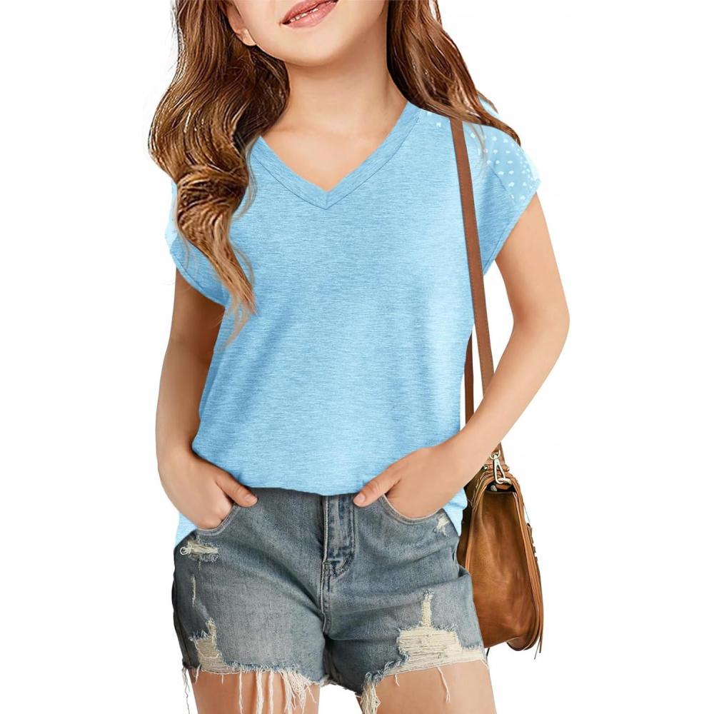 image:imageHaloumoning Girls V Neck TShirts Kids Summer Swiss Dot Short Sleeve Tops Cute Fashion Tees 514 YearsBlue