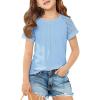 Girls Pleated T Shirts Kids Fashion Lace Sleeve Summer Tops Casual Crewneck Blouse 5-14 Years(Blue)