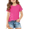 Girls Pleated T Shirts Kids Fashion Lace Sleeve Summer Tops Casual Crewneck Blouse 5-14 Years(Hot Pink)