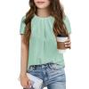 Girls Shirts Summer Short Sleeve Cute Tops Chiffon Pleated Blouses 5-14 Years(Light Green)
