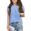 Girls Shirts Summer Short Sleeve Cute Tops Chiffon Pleated Blouses 5-14 Years(Sky Blue)