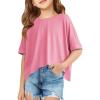 Haloumoning Girls Oversized Crop T Shirts Kids Summer Crewneck Batwing Half Sleeve Tops Tees 5-14 Years(Pink)