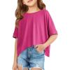 Haloumoning Girls Oversized Crop T Shirts Kids Summer Crewneck Batwing Half Sleeve Tops Tees 5-14 Years(Rose Red)