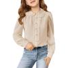 Haloumoning Girls Puff Long Sleeve Shirts Cute Casual Peter Pan Collar Blouse Ruffle Button Down Chiffon Tops 7-14 Years(Beige)