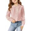 Haloumoning Girls Puff Long Sleeve Shirts Cute Casual Peter Pan Collar Blouse Ruffle Button Down Chiffon Tops 7-14 Years(Pink)