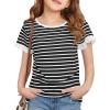 Haloumoning Girls Striped Ruffle Short Sleeve T Shirts Kids Summer Crewneck Tops Casual Tees 5-14 Years(Black)