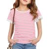 Haloumoning Girls Striped Ruffle Short Sleeve T Shirts Kids Summer Crewneck Tops Casual Tees 5-14 Years(Pink)