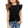Haloumoning Girls T Shirts Ruffle Sleeve Twist Front Tshirts Summer Casual Crewneck Tees Tops 5-14 Years(Black)