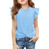 Haloumoning Girls T Shirts Ruffle Sleeve Twist Front Tshirts Summer Casual Crewneck Tees Tops 5-14 Years(Light Blue)