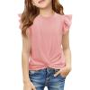 Haloumoning Girls T Shirts Ruffle Sleeve Twist Front Tshirts Summer Casual Crewneck Tees Tops 5-14 Years(Light Pink)