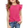 Haloumoning Girls T Shirts Ruffle Sleeve Twist Front Tshirts Summer Casual Crewneck Tees Tops 5-14 Years(Rose Red)