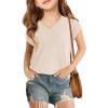 Haloumoning Girls V Neck T-Shirts Kids Summer Swiss Dot Short Sleeve Tops Cute Fashion Tees 5-14 Years(Beige)
