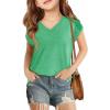 Haloumoning Girls V Neck T-Shirts Kids Summer Swiss Dot Short Sleeve Tops Cute Fashion Tees 5-14 Years(Green)