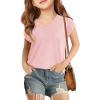 Haloumoning Girls V Neck T-Shirts Kids Summer Swiss Dot Short Sleeve Tops Cute Fashion Tees 5-14 Years(Pink)