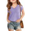 Haloumoning Girls V Neck T-Shirts Kids Summer Swiss Dot Short Sleeve Tops Cute Fashion Tees 5-14 Years(Purple)