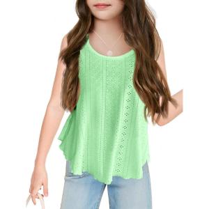 Girls Eyelet Flowy Tank Tops Cute Summer Spaghetti Strap Tops Kids Fashion Embroidery Sleeveless Shirts(Green)