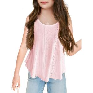 Girls Eyelet Flowy Tank Tops Cute Summer Spaghetti Strap Tops Kids Fashion Embroidery Sleeveless Shirts(Pink)