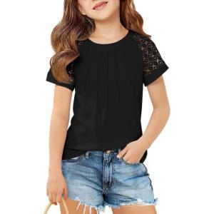 Girls Pleated T Shirts Kids Fashion Lace Sleeve Summer Tops Casual Crewneck Blouse 5-14 Years(Black)