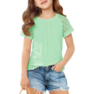 Girls Pleated T Shirts Kids Fashion Lace Sleeve Summer Tops Casual Crewneck Blouse 5-14 Years(Light Green)