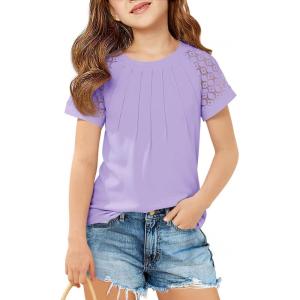 Girls Pleated T Shirts Kids Fashion Lace Sleeve Summer Tops Casual Crewneck Blouse 5-14 Years(Purple)