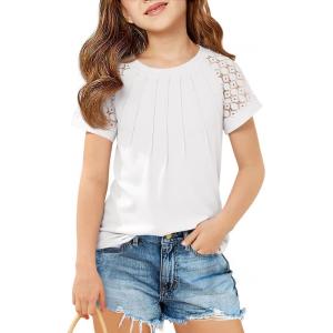 Girls Pleated T Shirts Kids Fashion Lace Sleeve Summer Tops Casual Crewneck Blouse 5-14 Years(White)