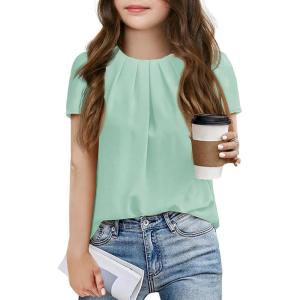 Girls Shirts Summer Short Sleeve Cute Tops Chiffon Pleated Blouses 5-14 Years(Light Green)