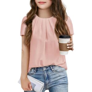 Girls Shirts Summer Short Sleeve Cute Tops Chiffon Pleated Blouses 5-14 Years(Pink)
