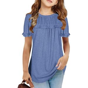 Haloumoning Girls Cute Short Sleeve Tunic Tops Casual Loose Ruffle T Shirts Kids Summer Soft Blouses Size 4-15 Years(A-blue)