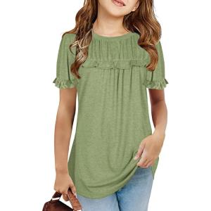 Haloumoning Girls Cute Short Sleeve Tunic Tops Casual Loose Ruffle T Shirts Kids Summer Soft Blouses Size 4-15 Years(A-grass Green)