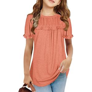 Haloumoning Girls Cute Short Sleeve Tunic Tops Casual Loose Ruffle T Shirts Kids Summer Soft Blouses Size 4-15 Years(A-orange)