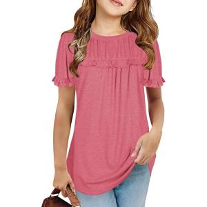 Haloumoning Girls Cute Short Sleeve Tunic Tops Casual Loose Ruffle T Shirts Kids Summer Soft Blouses Size 4-15 Years(A-pink)