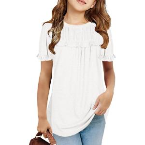 Haloumoning Girls Cute Short Sleeve Tunic Tops Casual Loose Ruffle T Shirts Kids Summer Soft Blouses Size 4-15 Years(A-white)