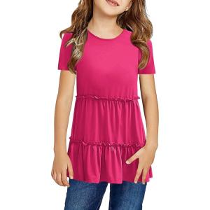 Haloumoning Girls Cute Short Sleeve Tunic Tops Casual Loose Ruffle T Shirts Kids Summer Soft Blouses Size 4-15 Years(B-watermelon Red)