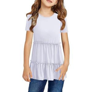 Haloumoning Girls Cute Short Sleeve Tunic Tops Casual Loose Ruffle T Shirts Kids Summer Soft Blouses Size 4-15 Years(B-white)