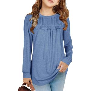 Haloumoning Girls Cute Short Sleeve Tunic Tops Casual Loose Ruffle T Shirts Kids Summer Soft Blouses Size 4-15 Years(Z1-blue)