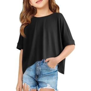 Haloumoning Girls Oversized Crop T Shirts Kids Summer Crewneck Batwing Half Sleeve Tops Tees 5-14 Years(Black)