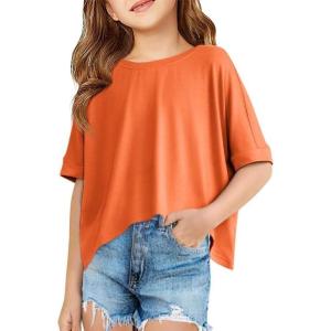 Haloumoning Girls Oversized Crop T Shirts Kids Summer Crewneck Batwing Half Sleeve Tops Tees 5-14 Years(Orange)