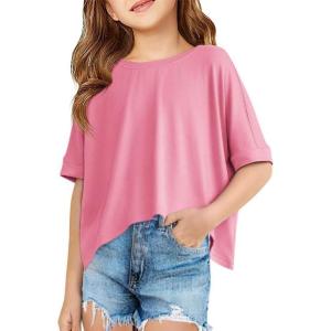 Haloumoning Girls Oversized Crop T Shirts Kids Summer Crewneck Batwing Half Sleeve Tops Tees 5-14 Years(Pink)