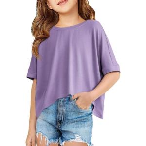 Haloumoning Girls Oversized Crop T Shirts Kids Summer Crewneck Batwing Half Sleeve Tops Tees 5-14 Years(Purple)