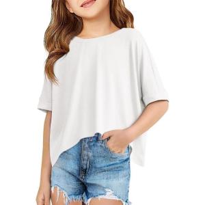Haloumoning Girls Oversized Crop T Shirts Kids Summer Crewneck Batwing Half Sleeve Tops Tees 5-14 Years(White)