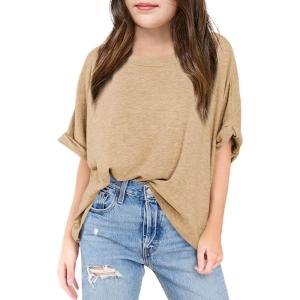 Haloumoning Girls Oversized T-Shirts Short Sleeve Crewneck Summer Casual Loose Tops Tees(Khaki)