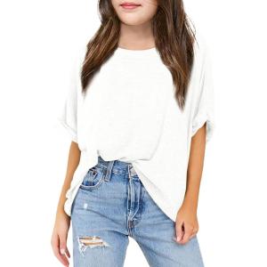 Haloumoning Girls Oversized T-Shirts Short Sleeve Crewneck Summer Casual Loose Tops Tees(White)